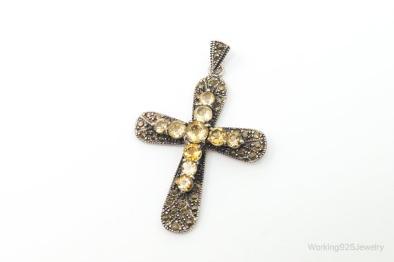 Large Vintage Citrine Marcasite Cross Sterling Si… - image 4