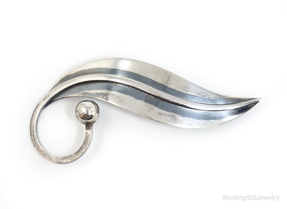 Vintage Large Delfino Taxco Mexico Eagle 3 Signed Pearl Sterling Silver Botanical Leaf Modernist Minimalist Scandinavian Style Brooch Pin