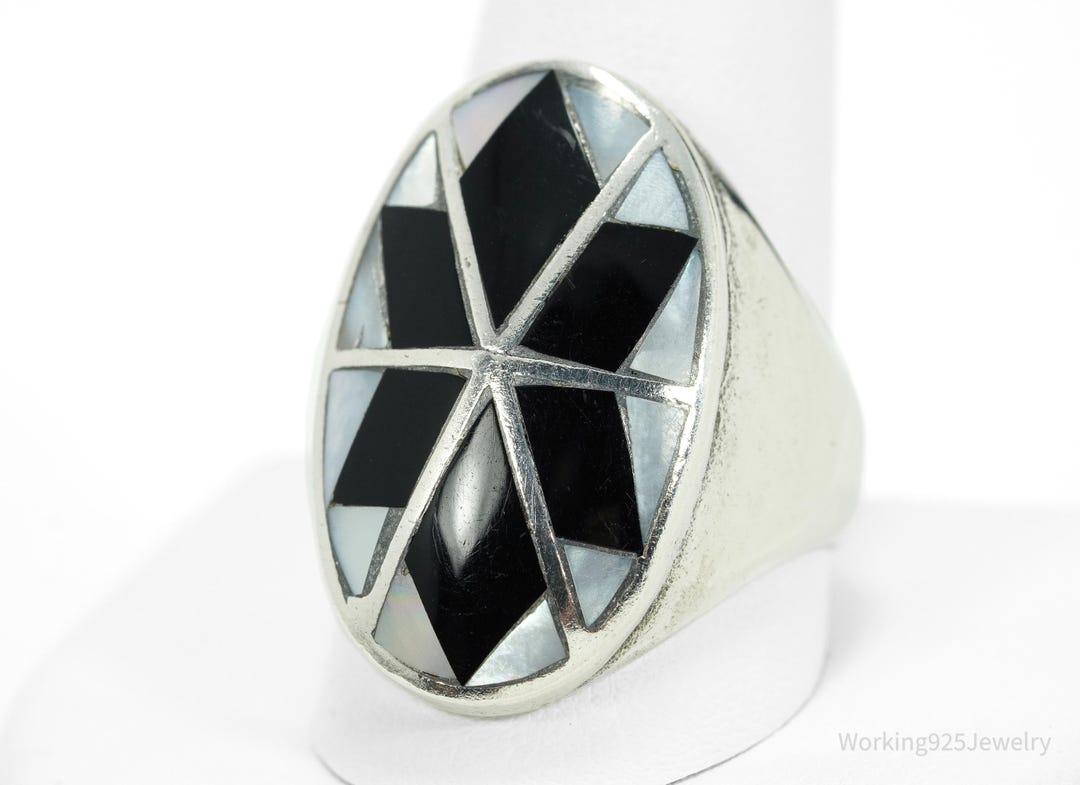 Vintage Mother of Pearl & Black Onyx Inlay Silver Ring - Size 11.5 - Etsy