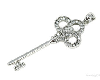 Vintage Cubic Zirconia Sterling Silver Key Pendant 1 11/16"