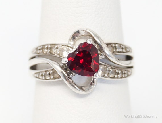 Vintage Ruby Heart Cubic Zirconia Sterling Silver… - image 1