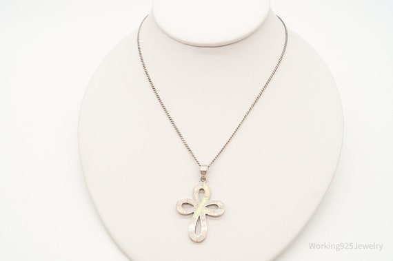 Vintage Opal Inlay Sterling Silver Cross Necklace - image 2