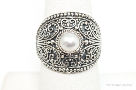 Vintage Bali Style Pearl Sterling Silver Ring - S… - image 2