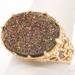 Anillo vintage de plata de ley con diseño de pavo, cuarzo druzy OT y oro vermeil - Talla 9.25