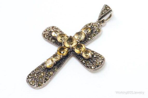 Large Vintage Citrine Marcasite Cross Sterling Si… - image 5