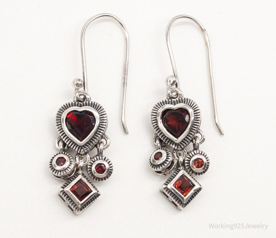 Vintage Garnet Hearts Sterling Silver Earrings - image 1