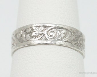 Antique Uncas MFG Co Floral Motif Sterling Silver Band Ring - Size 4