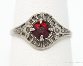 Antique Designer Red Art Glass Sterling Silver Ring - Size 5.75