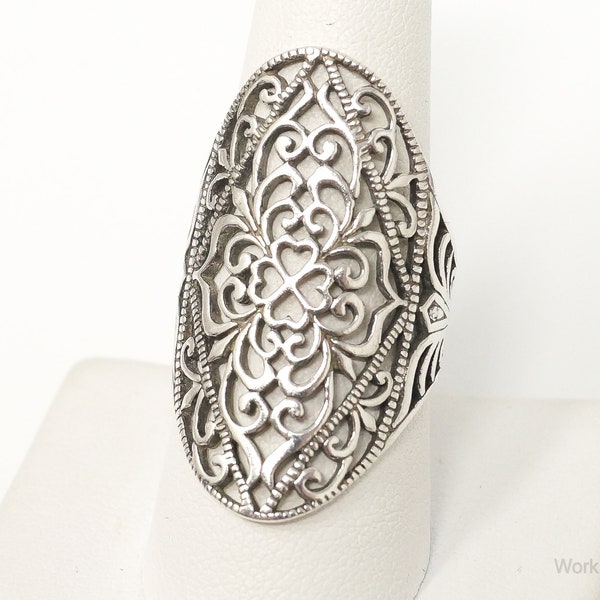 Vintage Long Scroll Swirls Filigree Sterling Silver Ring - Size 9.25