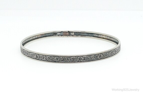 Antique Floral Pattern Sterling Silver Bangle Bra… - image 3