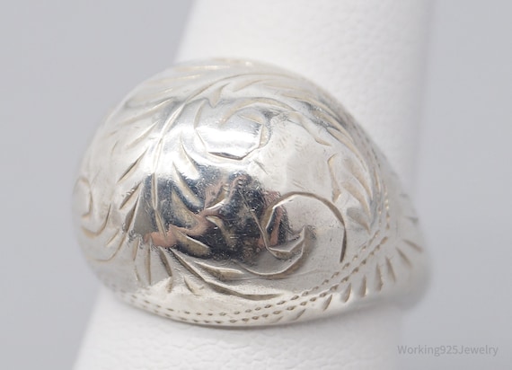 Vintage Floral Swirl Etched Sterling Silver Dome … - image 1