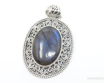 Vintage Large Labradorite Bali Sterling Silver Necklace Pendant