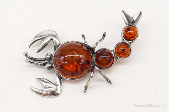 Vintage Amber Scorpion Sterling Silver Brooch Pin - image 2