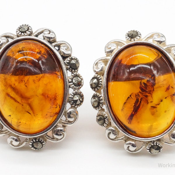 Vintage Amber Marcasite Sterling Silver Earrings