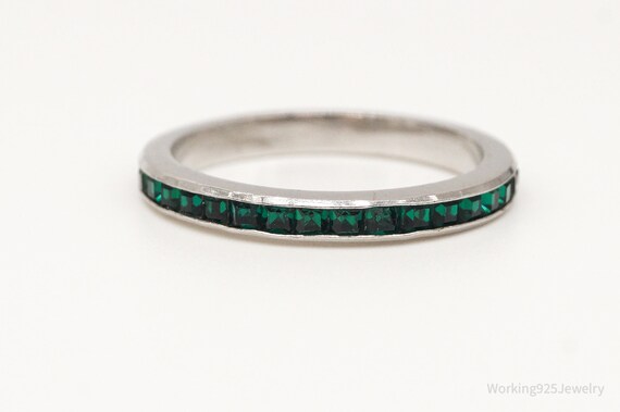 Vintage Green Crystal Sterling Silver Band Ring -… - image 4