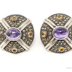 Large Judith Jack Amethyst Citrine Marcasite Sterling Silver Earrings