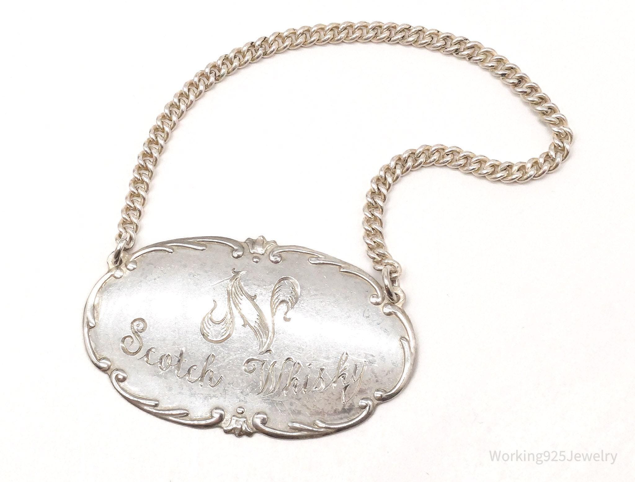 Seltene antike Webster Scotch Whisky Sterling Silber Dekanter Schnaps Flasche Tag Label