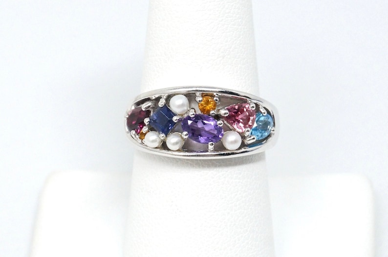 Size 8-780882749 Beautiful Vintage Multi Gemstone Pearl Amethyst Blue Topaz Pink Blue Sapphire Citrine Sterling Silver Ring