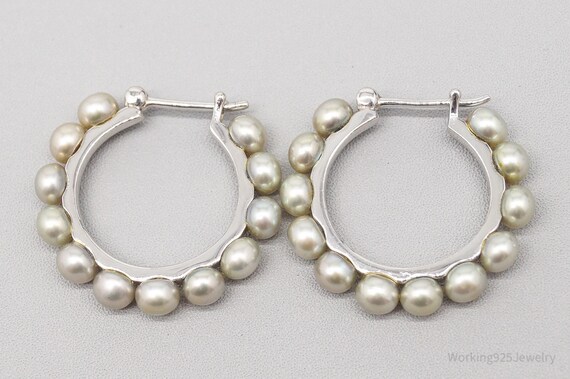 Vintage Pearl Sterling Silver Hoop Earrings - image 2