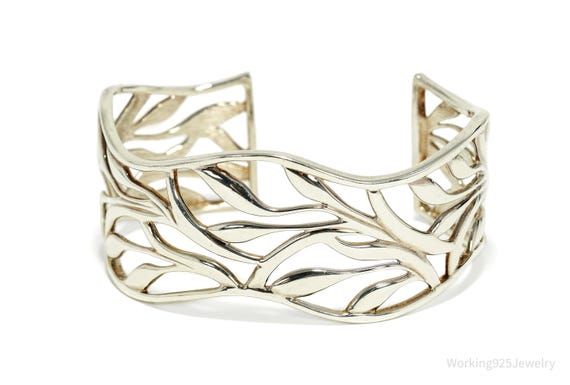 Vintage Leaf Pattern Sterling Silver Cuff Bracele… - image 1