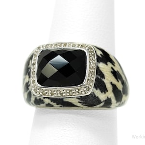 Vintage SAI Black Onyx & Diamond Animal Print Enamel Sterling Silver Ring - Size 6.25