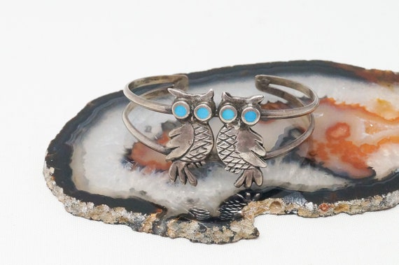 Vintage Native Turquoise Owl Cut Out Handmade Sterling Silver Cuff Bracelet