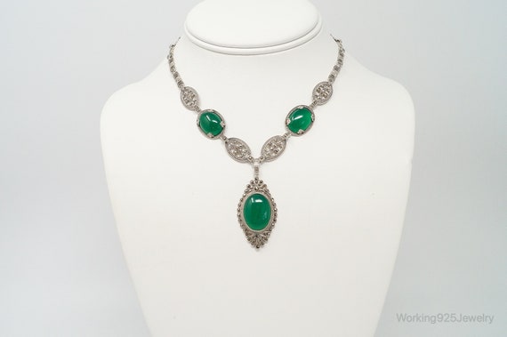 Antique Green Chrysoprase Marcasite Sterling Silv… - image 2