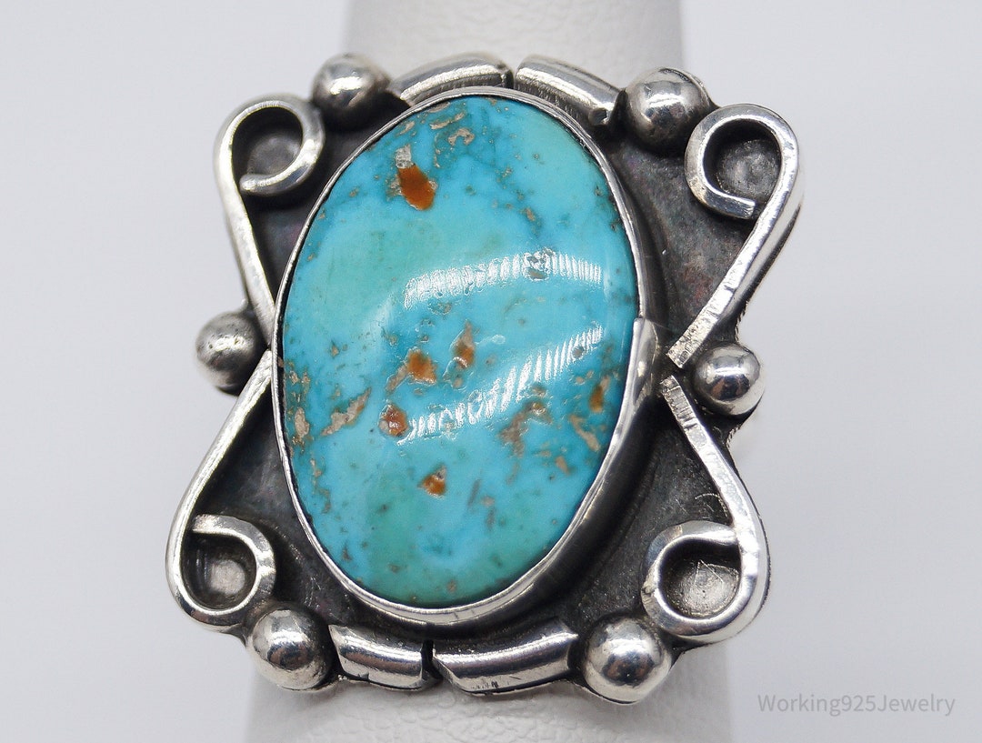 Vintage Handmade Native American Turquoise Unsigned Silver Ring - Size ...