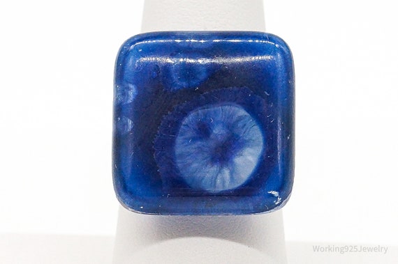 Vintage Blue Glass Sterling Silver Ring - Size 7.… - image 2