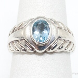 Vintage Art Deco Style Blue Topaz Sterling Silver Ring - SZ 7
