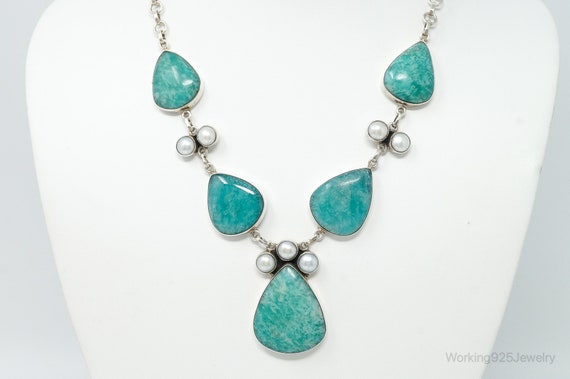 Vintage Amazonite Pearl Sterling Silver Necklace - image 3