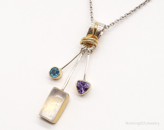 Vintage Blue Topaz Amethyst Moonstone Gold Vermeil Sterling Silver Necklace  - Etsy