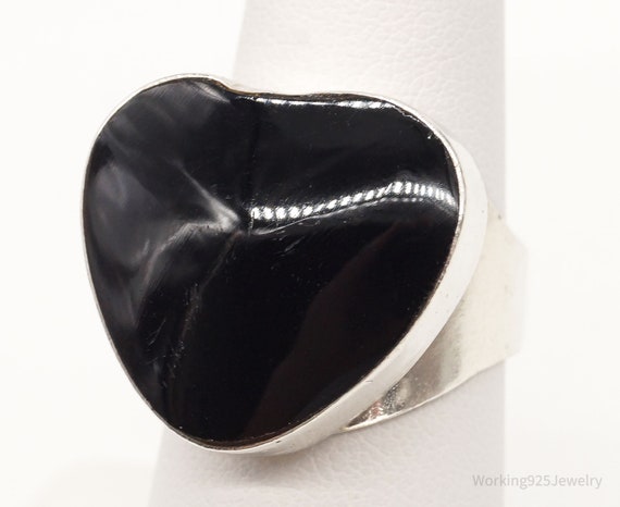 Vintage Mexico Large Black Onyx Heart Sterling Si… - image 2