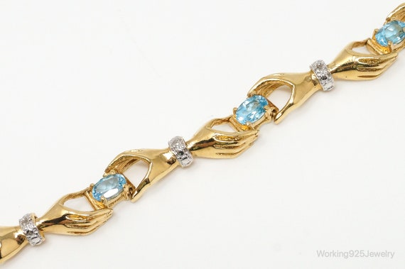 Vintage Two Hands Blue Topaz Diamond Gold Vermeil… - image 4