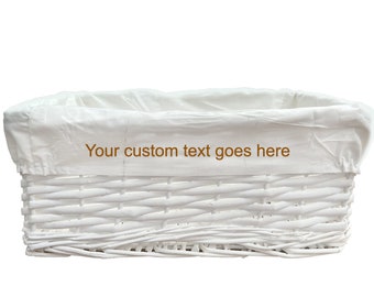 Personalised Text Large White Wicker Gift Hamper Storage Basket with White Cloth Lining