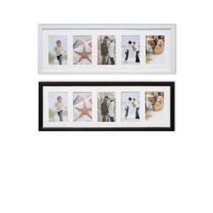 May include: A black and white photo collage frame with six openings. The frame is made of wood and has a simple, modern design. The frame is ideal for displaying photos of family and friends.