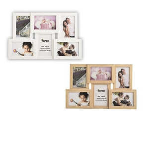 May include: White and wood multi-aperture picture frame with six 6x4 inch openings. The frame is made of MDF and has a simple design.