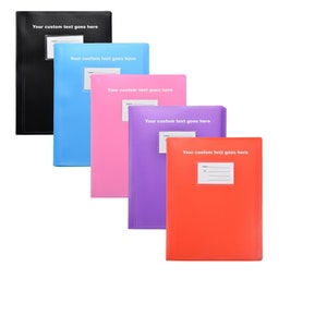 May include: Five coloured document folders in a stack. The folders are black, light blue, pink, purple, and orange. Each folder has a white label and the text "Your custom text goes here".