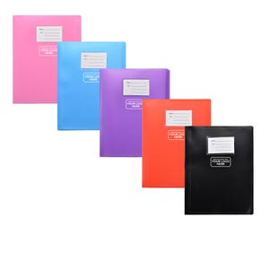 May include: A selection of document folders in various colours: pink, blue, purple, orange, and black. Each folder features a white label and the text "YOUR LOGO HERE". These folders are suitable for document organisation.