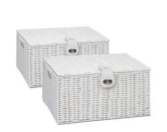 2 x Arpan Resin Woven Storage Hamper Basket Box with Lid & Lock (White)