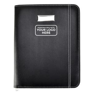 May include: Black leather portfolio with white stitching and a silver accent. The text "PERSONALISED WITH YOUR LOGO HERE" is displayed in a white rectangle. The portfolio has a zip closure.