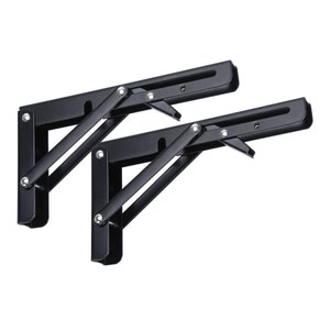 May include: Two black metal folding brackets with a silver hinge and a silver release latch. The brackets are designed to support a shelf or table.