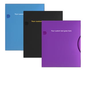 May include: Three coloured folders: blue, black, and purple. Each folder has a curved cutout on the right side and a small, stylised letter "D" on the left. The text "Your custom text goes here" is printed on each folder.