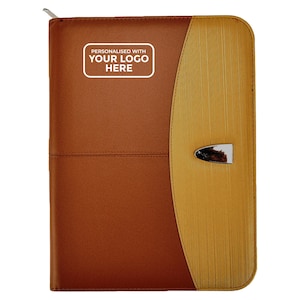 May include: A brown leather zipped folder with a gold-coloured flap and a metal clasp. The folder has a white label that says "Personalized with your logo here".