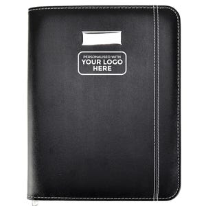 May include: Black leather portfolio with white stitching and a silver accent. The text "PERSONALISED WITH YOUR LOGO HERE" is displayed in a white box. The portfolio is closed and has a zipper.