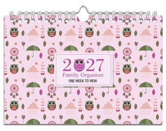 Arpan 2027 Family Organiser Calendar Owls Design – A4 Week to View Calendar 2027