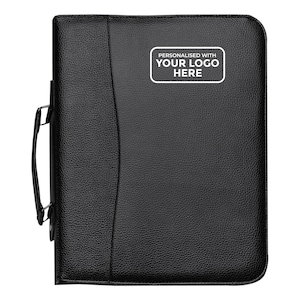 May include: Black leather folder with a handle and a white rectangular label that says "Personalized with your logo here".