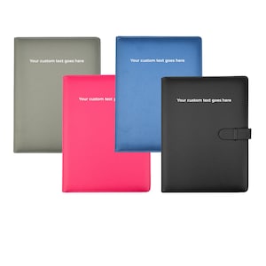 May include: Four different coloured folders with a flap closure. The folders are grey, blue, pink, and black. Each folder has the text "Your custom text goes here" printed on the front.