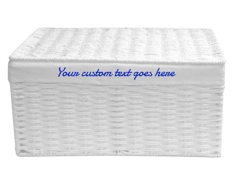 Personalised Custom Text White Paper Rope Woven Storage Basket Hamper Box with White Cloth Lining for Xmas, Decorative & Home Storage