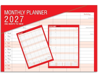 2027 One Month to View Monthly Planner Calendar Wall Hanging Organiser, Boldtype Series by Arpan